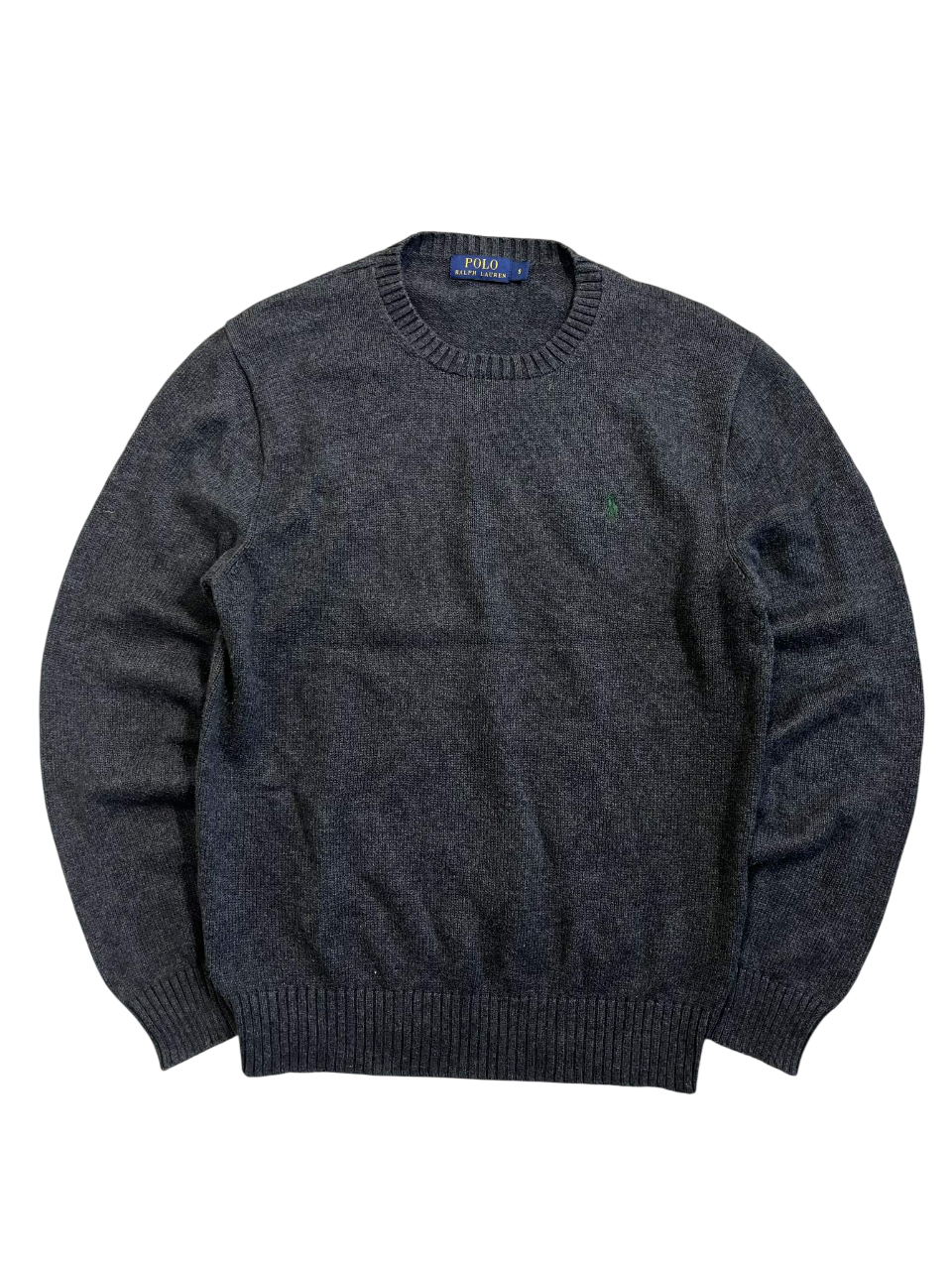 Sötétkék vintage Ralph Lauren kötött pulóver, kerek nyakkal és logóval, streetwear stílus