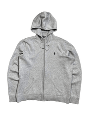 Szürke vintage kapucnis zipzáras pulóver, baloldalon hímzett logóval, streetwear stílusban.