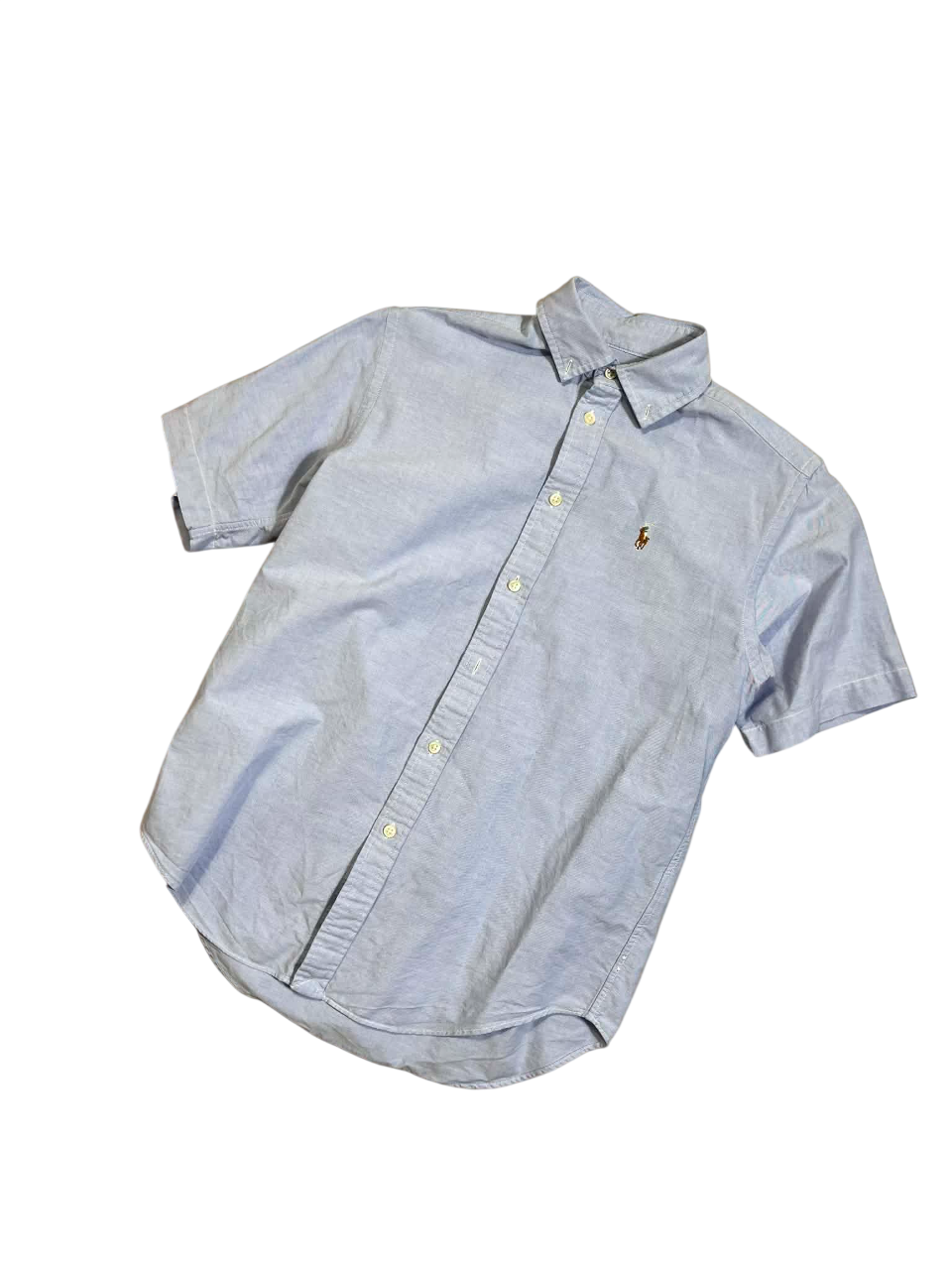 Világoskék vintage rövid ujjú ing, gallérral, gombos, mellkas logóval.
