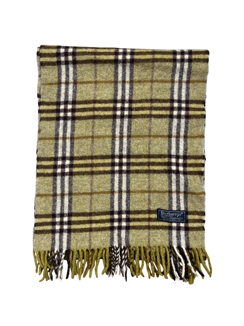 Burberry stílusú vintage kockás sál zöld-bézs színben, logóval és rojtokkal