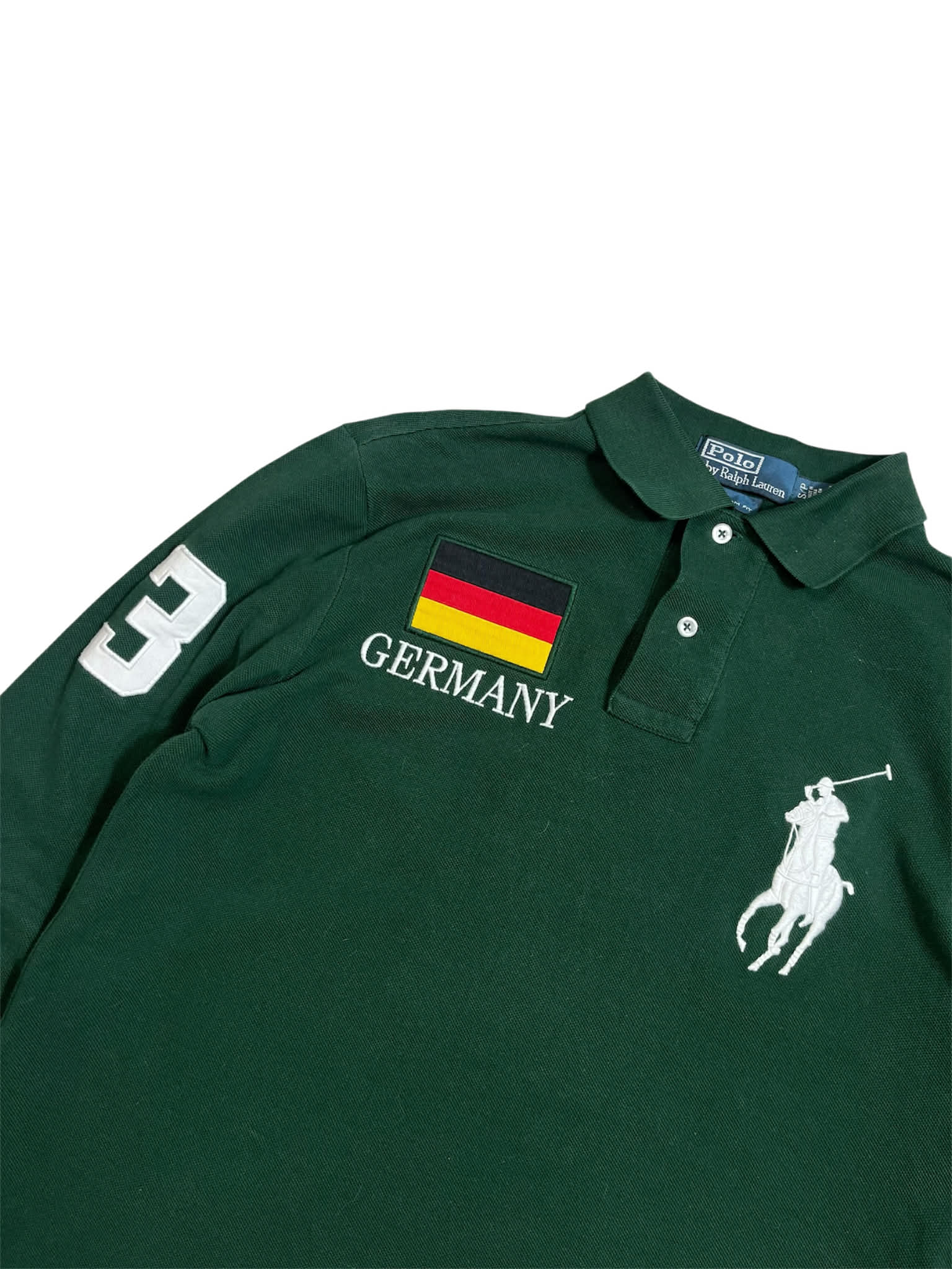 Sötétzöld vintage Polo Ralph Lauren galléros póló, Germany felvarróval, német zászlóval és fehér hímzett ló logóval.