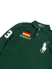 Sötétzöld vintage Polo Ralph Lauren galléros póló, Germany felvarróval, német zászlóval és fehér hímzett ló logóval.