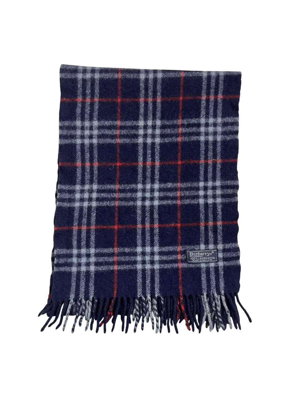 Kockás mintás, sötétkék Burberry sál piros-fehér csíkozással, vintage streetwear stílus