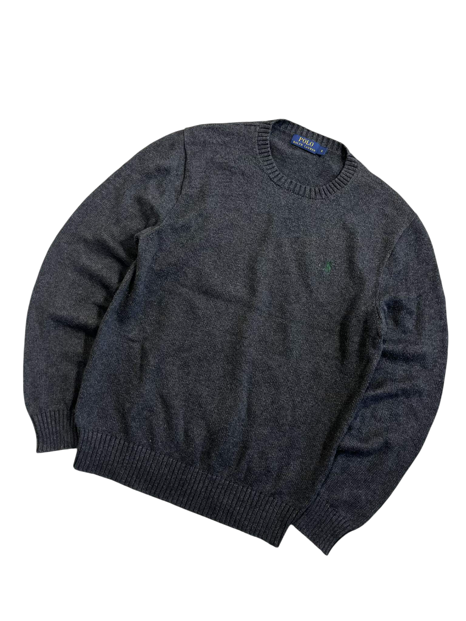 Sötét szürke, hosszú ujjú vintage pulóver, bordázott nyakkal és mandzsettával