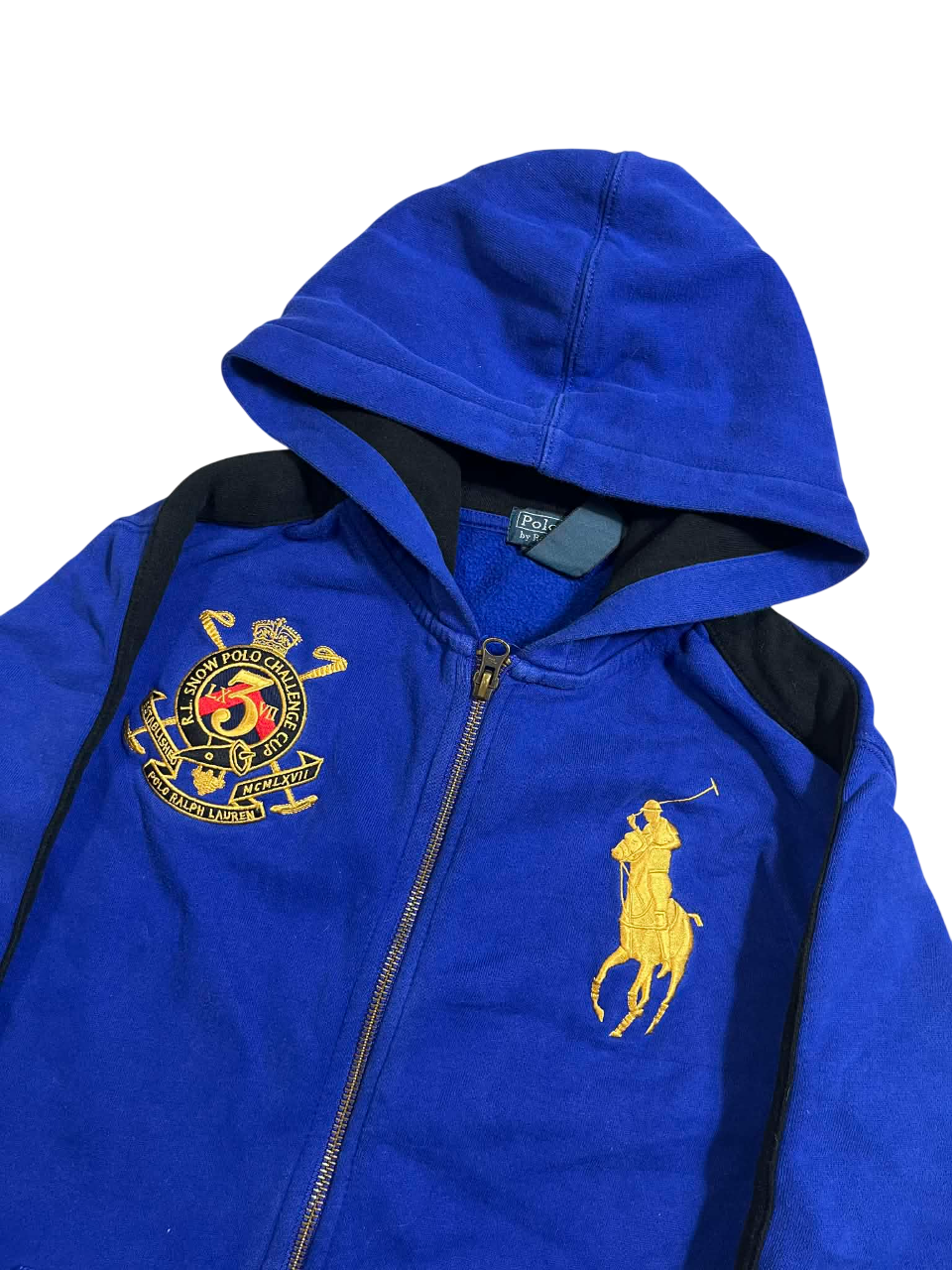 Kék kapucnis Ralph Lauren streetwear pulóver arany hímzett logóval és címerrel