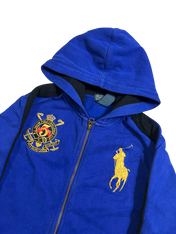 Kék kapucnis Ralph Lauren streetwear pulóver arany hímzett logóval és címerrel