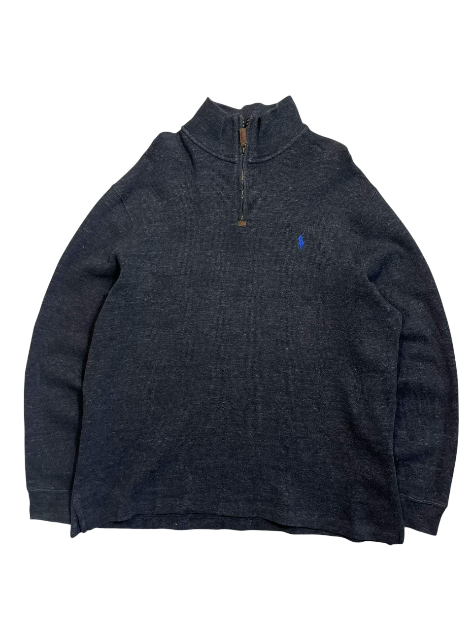 Férfi sötétkék vintage félcipzáros pulóver hímzett logóval, streetwear stílusban