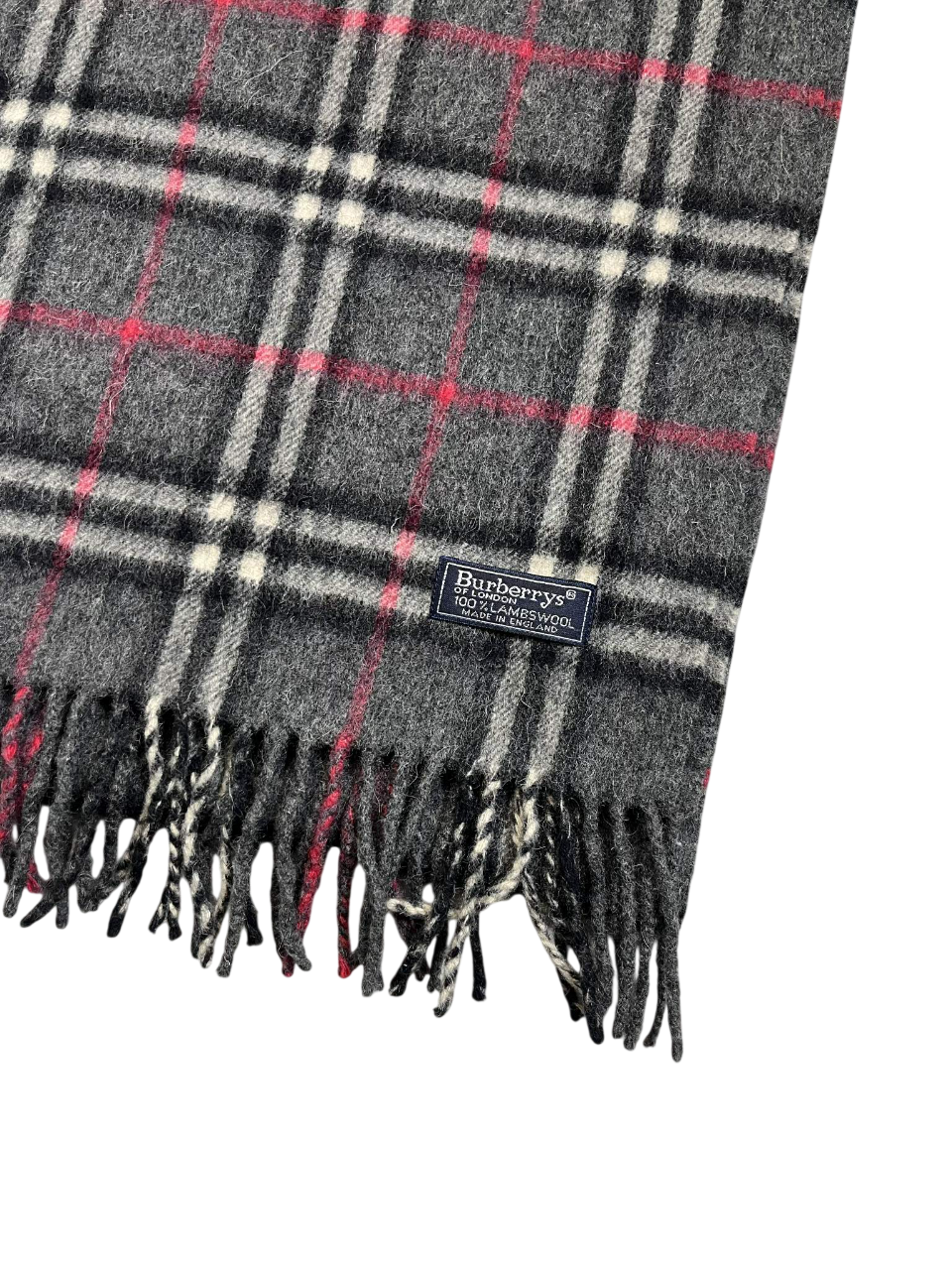 Szürke kockás, rojtos vintage gyapjúsál Burberrys címkével, streetwear stílus