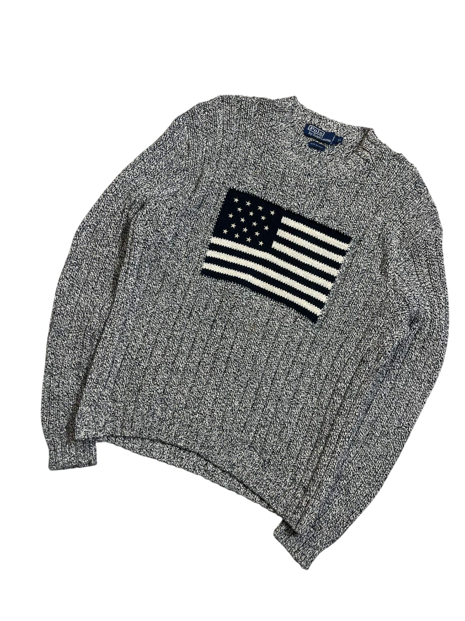 Szürke vintage kötött pulóver, elöl amerikai zászló mintával, streetwear stílus