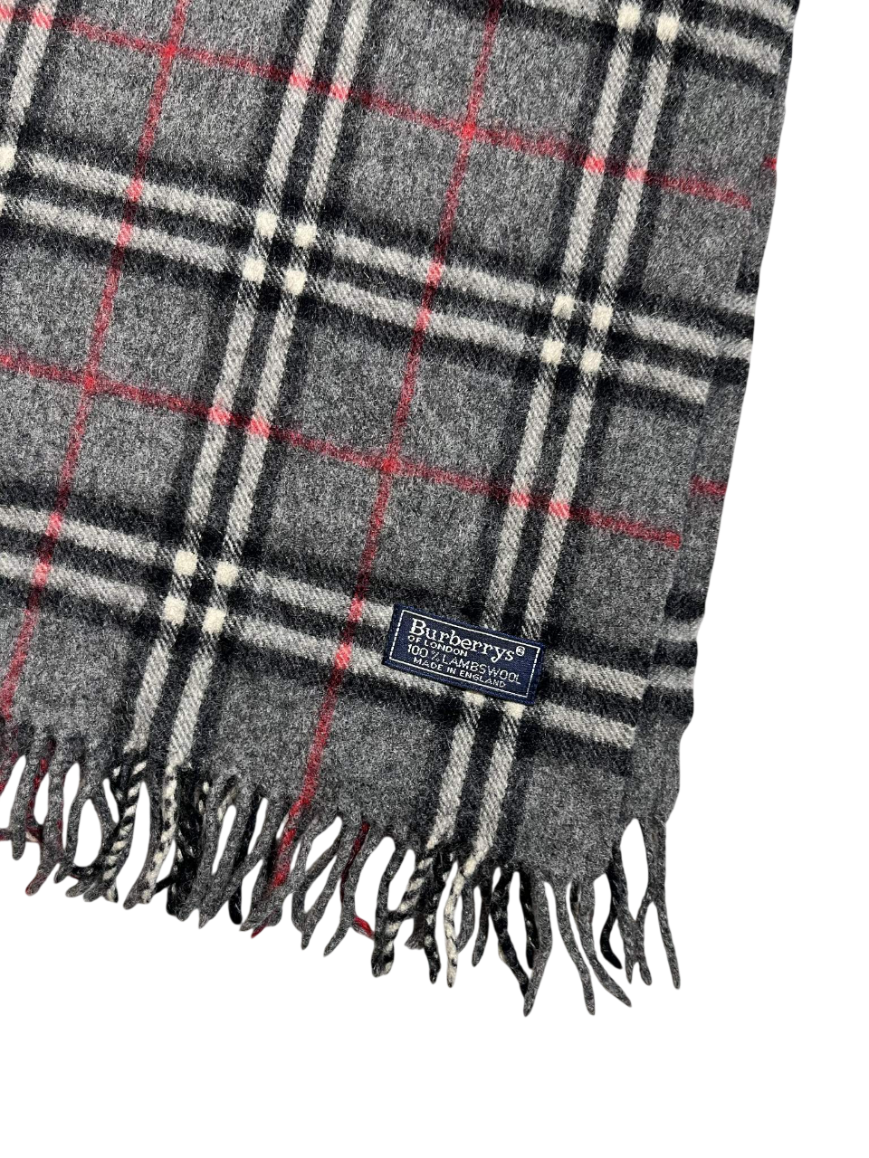 Szürke kockás vintage gyapjúsál rojtos széllel és Burberrys feliratos címkével.