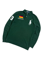 Sötétzöld vintage Polo Ralph Lauren hosszú ujjú galléros póló, Németország zászlóval és 3-as számmal.