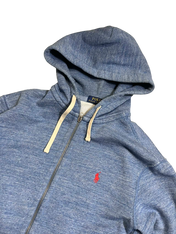 Kék cipzáras kapucnis pulóver hímzett piros logóval, vintage streetwear stílus