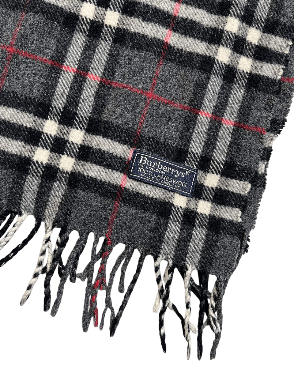 Fekete-fehér kockás vintage gyapjú sál rojtos szegéllyel és címkével, streetwear divat