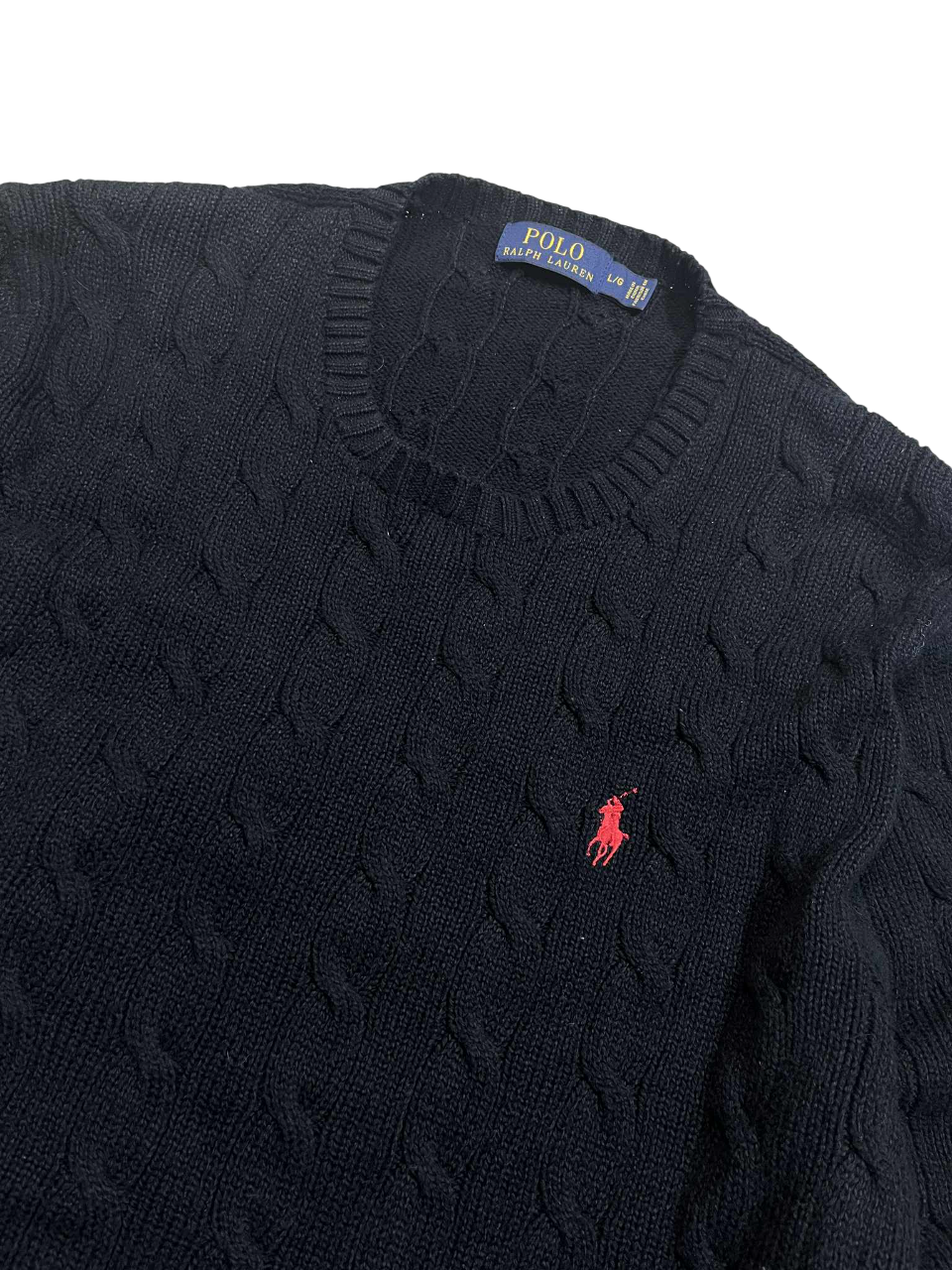 Fekete, kötött Ralph Lauren pulóver hímzett piros logóval, vintage streetwear stílus