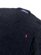 Fekete, kötött Ralph Lauren pulóver hímzett piros logóval, vintage streetwear stílus