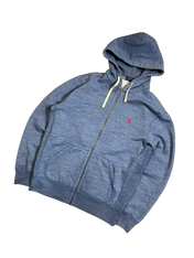 Kék cipzáras kapucnis pulóver elöl zsebbel, vintage streetwear stílusban.