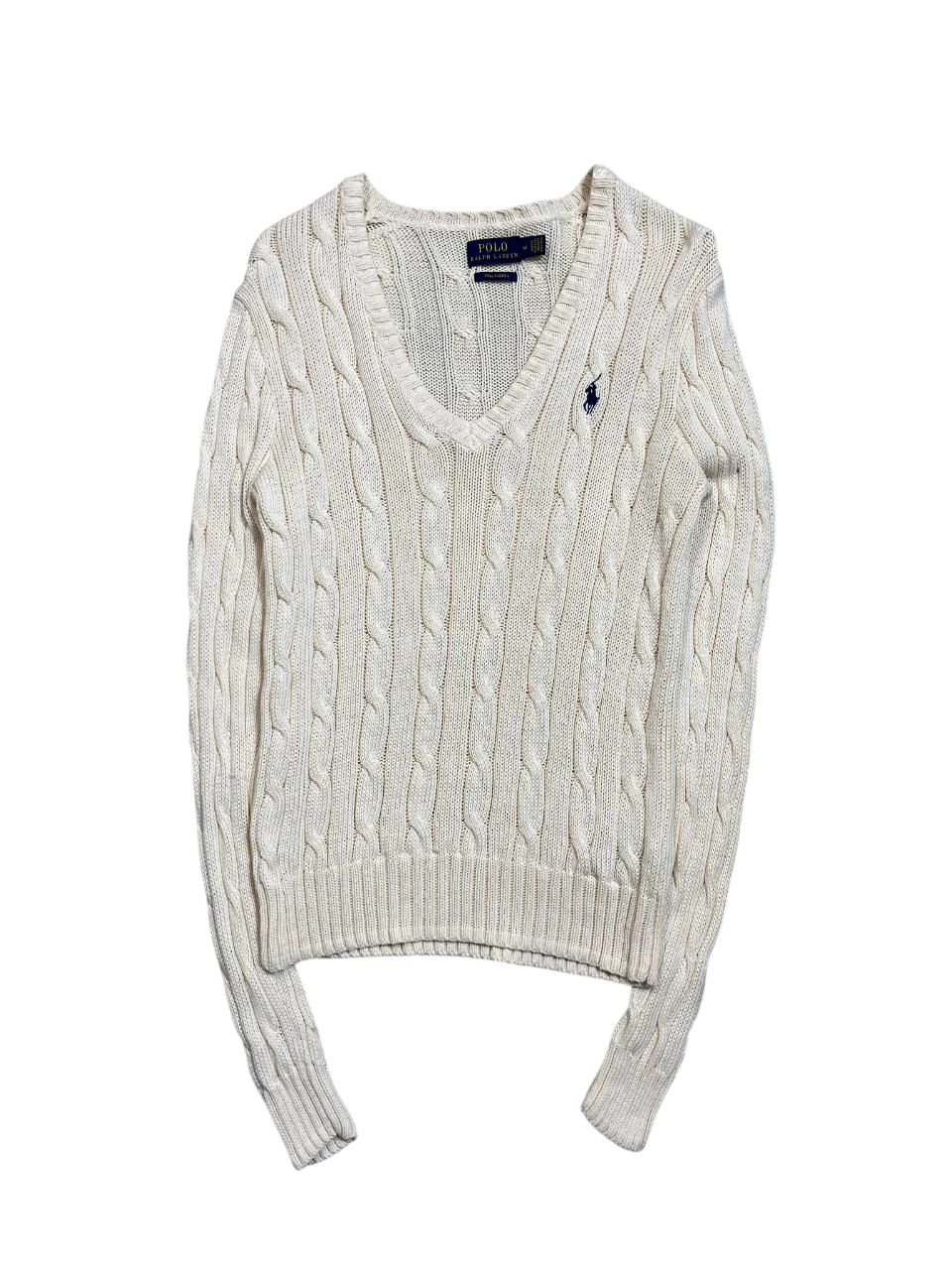 Fehér, kötött vintage V-nyakú pulóver, hímzett logóval, streetwear stílusban