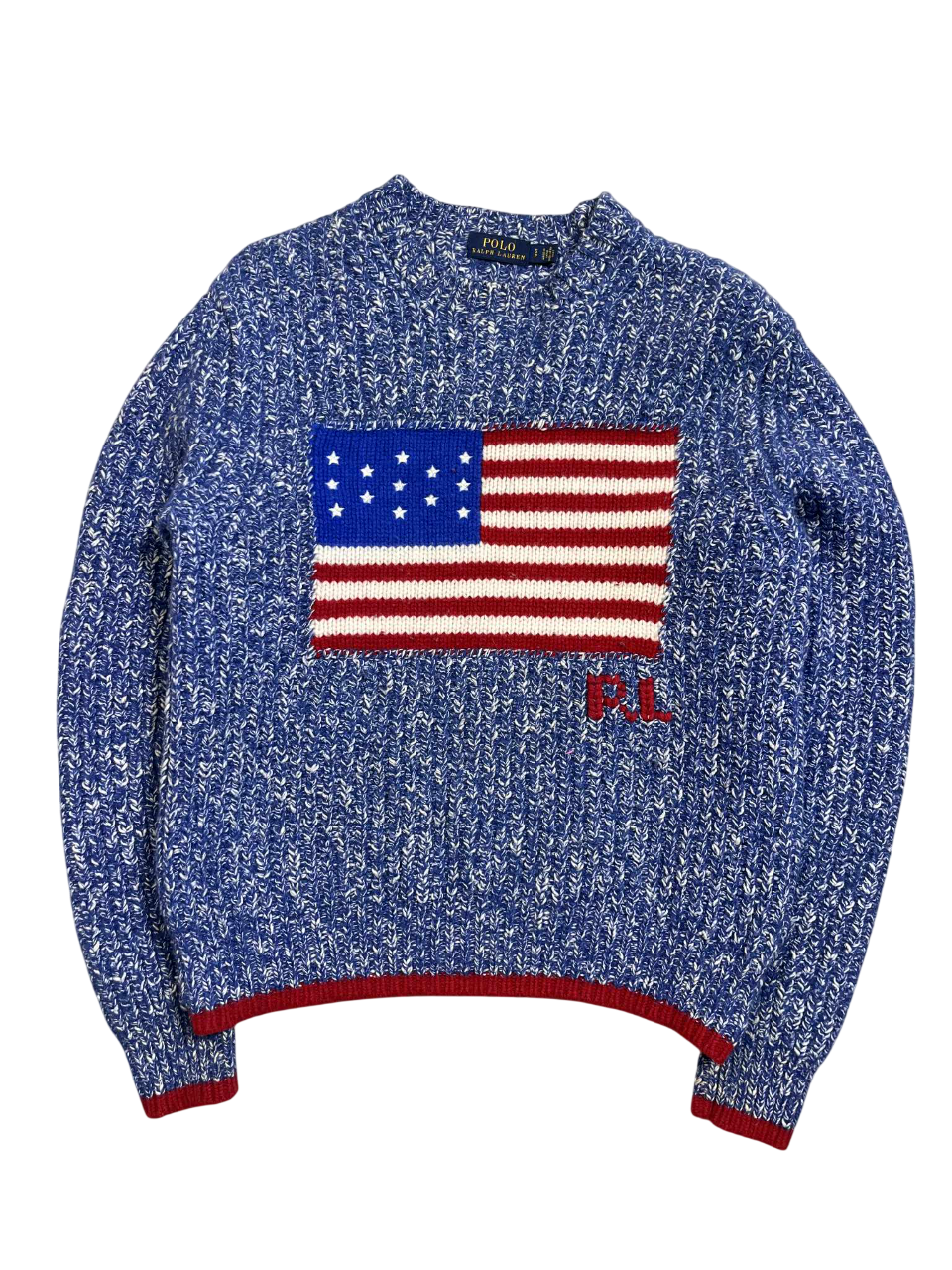 Kék-fehér vintage kötött pulóver amerikai zászló mintával, streetwear stílusban