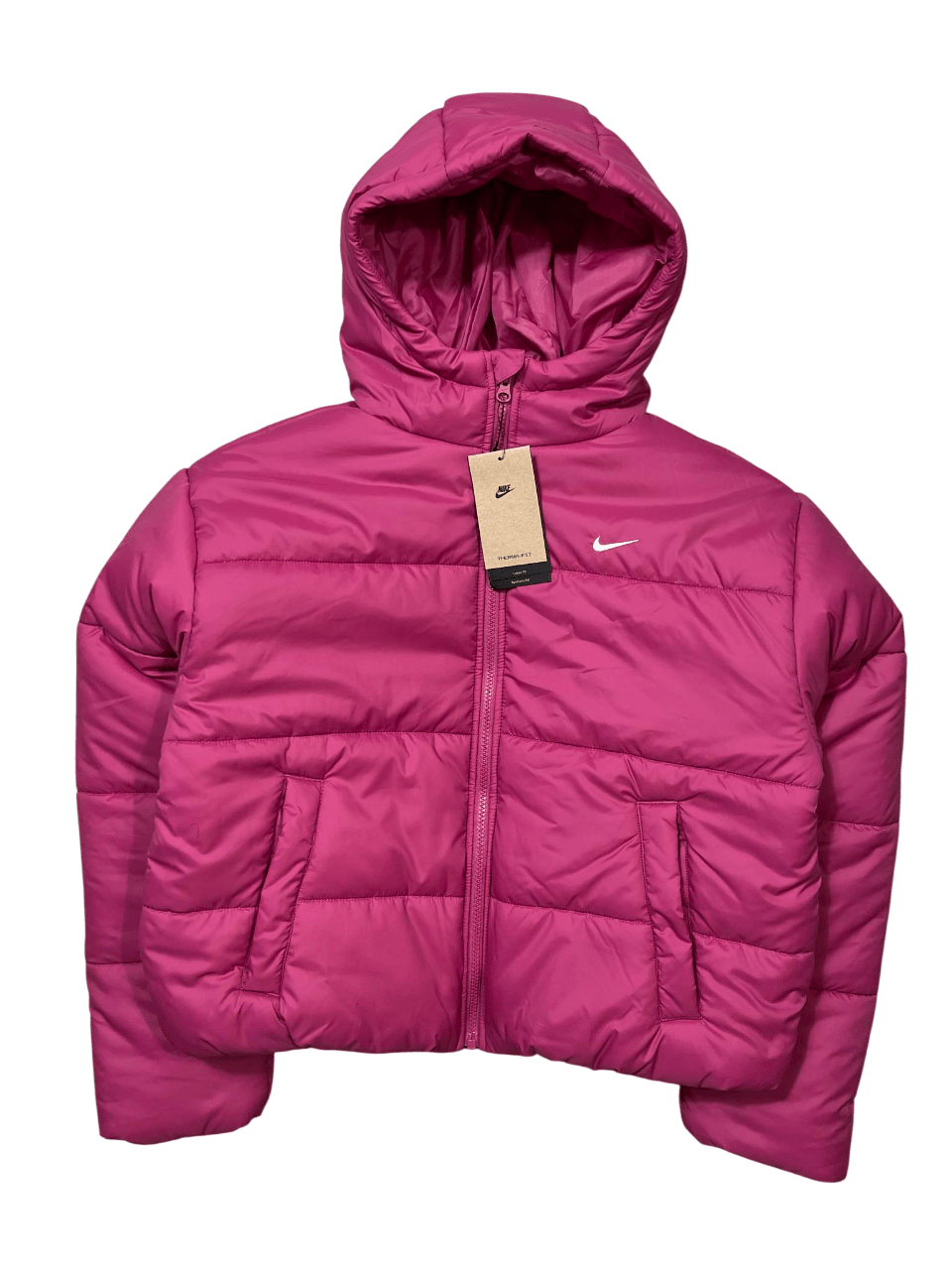 Nike rózsaszín steppelt kapucnis pufi dzseki, utcai streetwear stílus