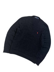 Sötétkék kötött pulóver hímzett logóval, vintage streetwear stílus