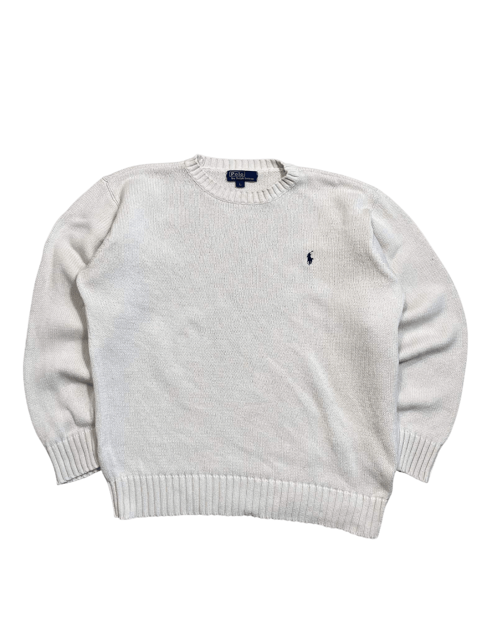 Fehér, vintage Polo Ralph Lauren kötött pulóver hímzett logóval streetwear stílusban.