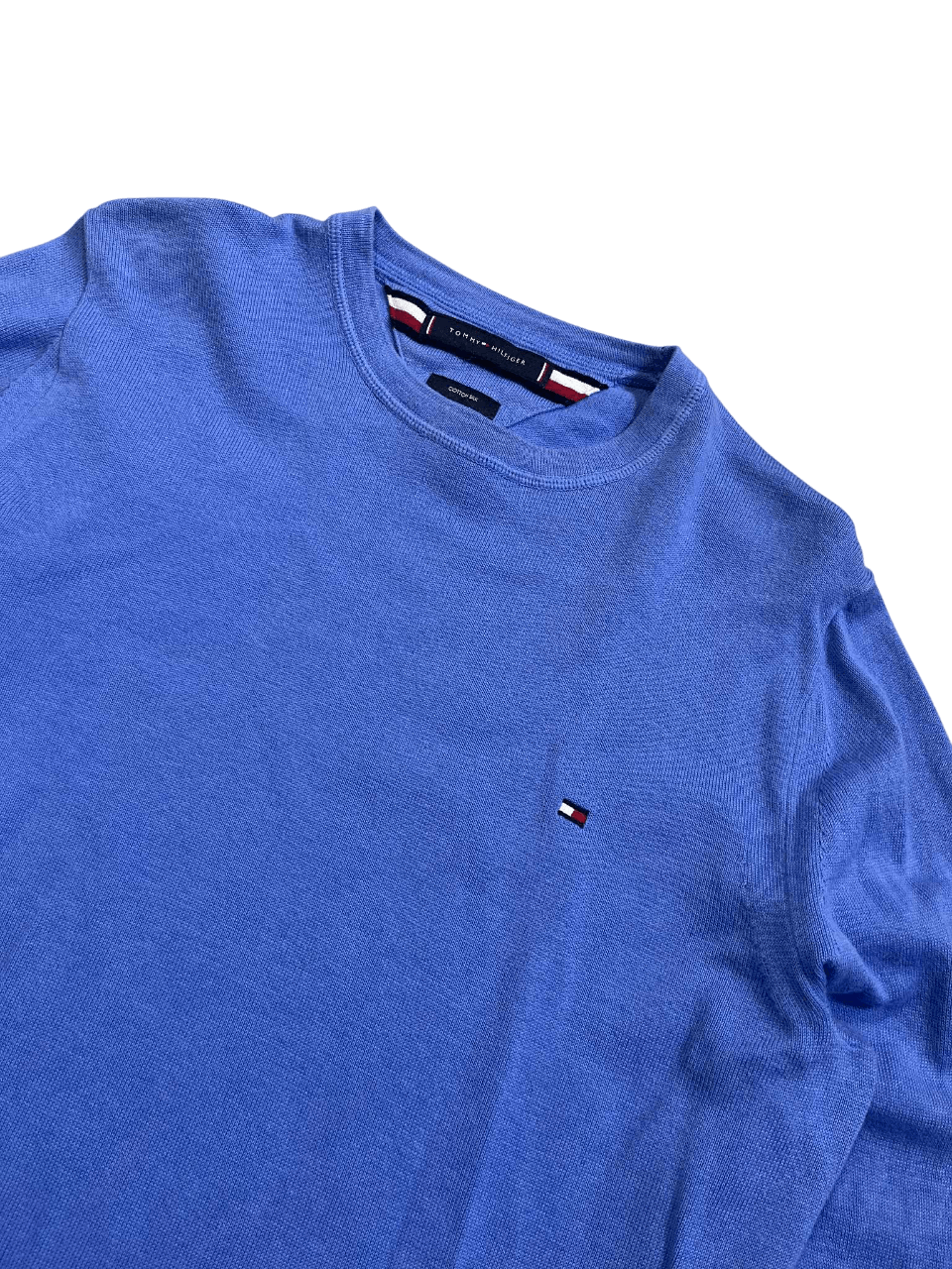 Kék vintage streetwear pulóver hímzett logóval, designer ruházat