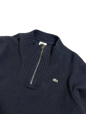 Sötétkék Lacoste félcipzáros kötött pulóver, vintage streetwear stílusban.