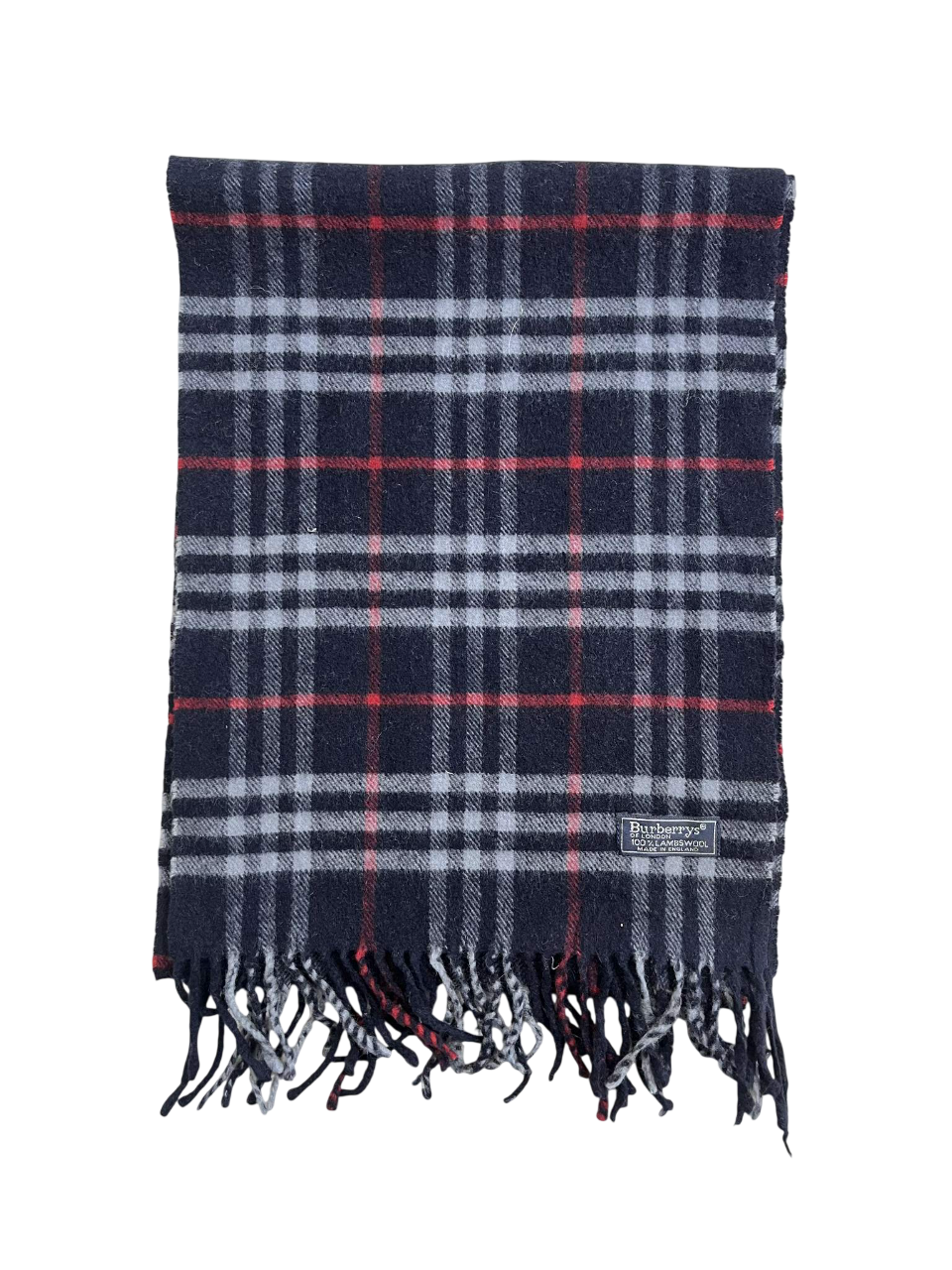 Fekete-fehér-piros kockás vintage gyapjú sál rojtokkal, klasszikus streetwear kiegészítő.