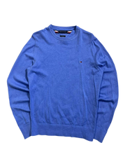 kék férfi pulóver, hímzett logóval, vintage streetwear stílus, hosszú ujjú felső