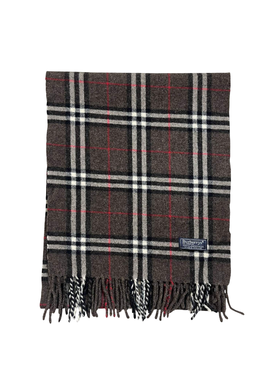 Barna kockás vintage sál fekete, fehér és piros csíkozással, rojtokkal, streetwear stílus