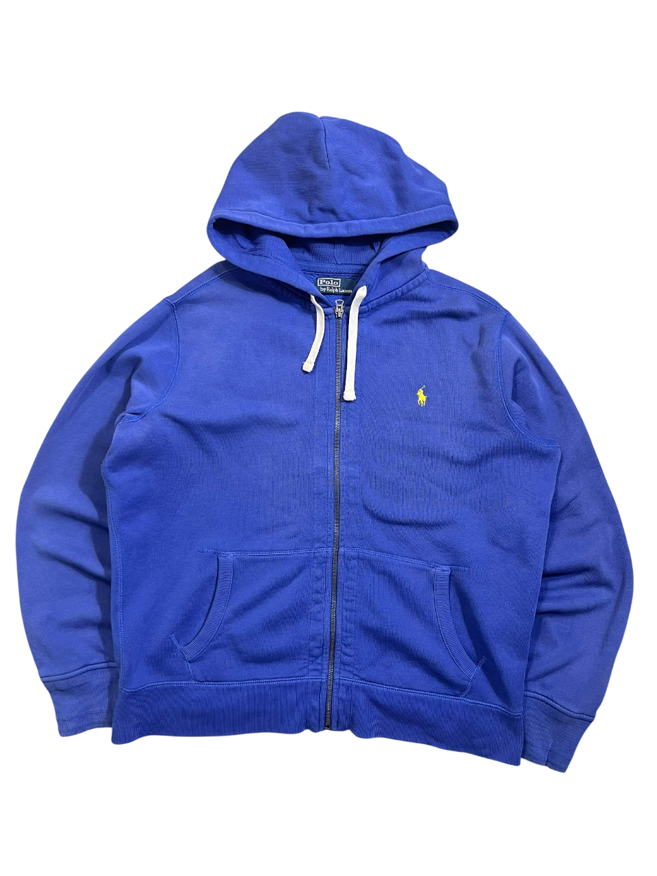 Kék kapucnis cipzáros pulóver, vintage stílus, zsebbel, Polo Ralph Lauren logóval