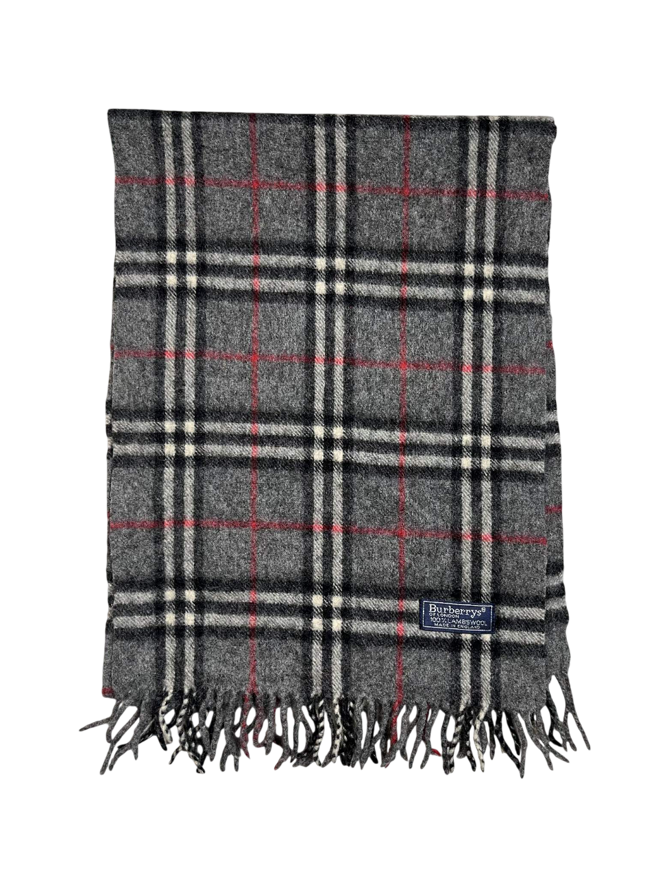 Szürke kockás vintage sál rojtokkal, Burberrys logóval, streetwear stílus