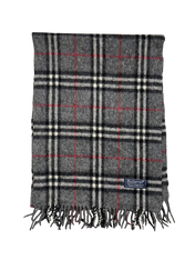 Szürke kockás vintage sál rojtokkal, Burberrys logóval, streetwear stílus