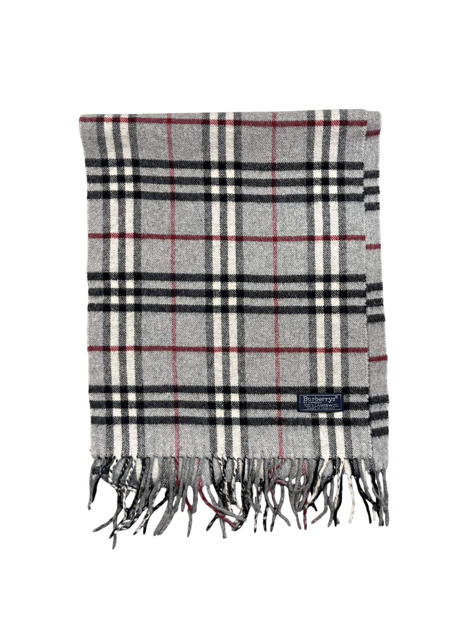 Szürke kockás vintage selyemsál rojtos végekkel, fekete, fehér és piros mintákkal.